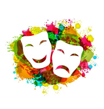 Komedi ve trajedi basit maskeler karnaval için renkli grunge