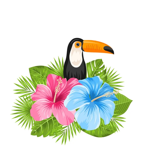 Beautiful Exotic Nature Background with Toucan Bird, Colorful Hibiscus Flowers