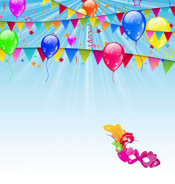 Carnival background with flags, confetti, balloons, mask — Stock Photo, Image