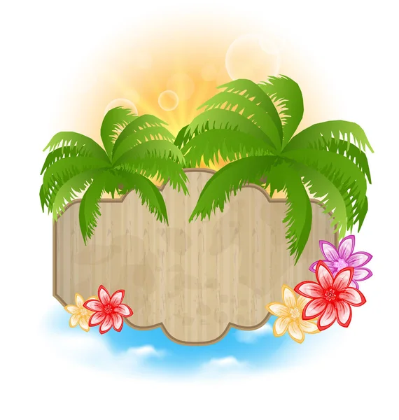 Panneau en bois avec palmiers et fleurs au bord de la mer — Photo