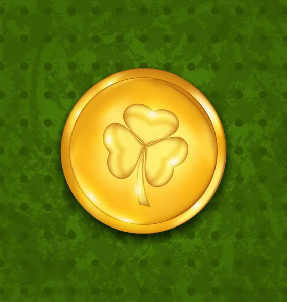 Gyllene mynt med tre blad klöver. Grunge St. Patricks backg — Stockfoto