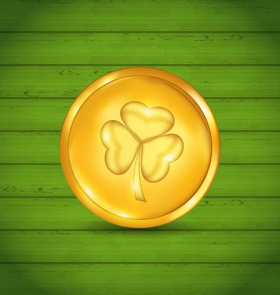 St. Patrick 녹색 나무 질감에 클로버와 황금 동전 — 스톡 사진