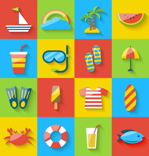Platte iconen van vakantie reis zomer symbolen, zee ontspanning, colo — Stockfoto
