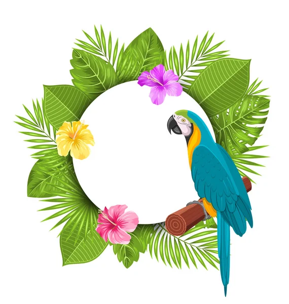 Schöne Karte mit Papagei ara, bunte Blumen blühen — Stockfoto