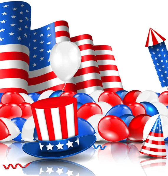 Amerikaanse achtergrond met ballonnen, feest hoeden, vuurwerk Rocket, vlag en Confetti — Stockfoto