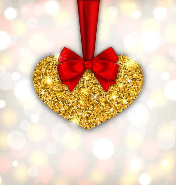 Corazón dorado brillante con cinta de seda roja —  Fotos de Stock