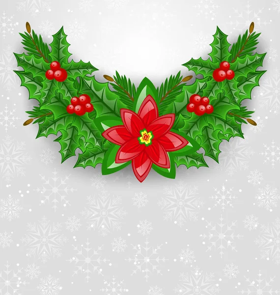 Kerstdecoratie met holly berry, pine en poinsettia — Stockfoto