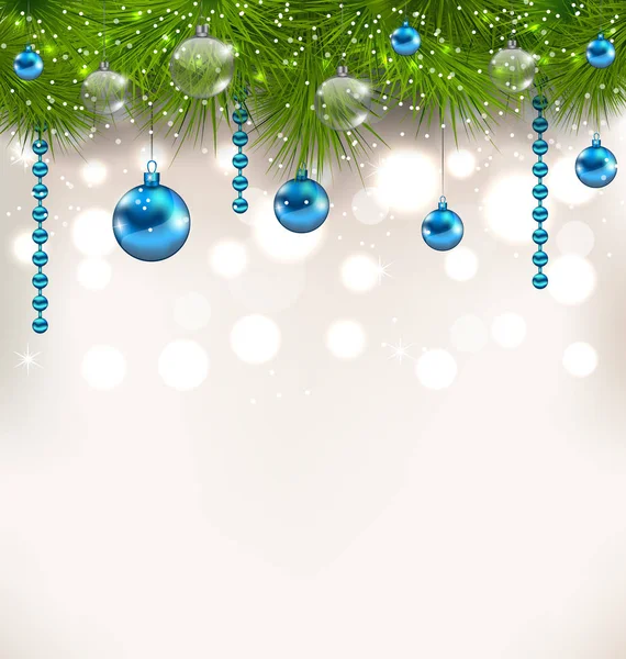 Рождественский мерцающий фон с еловыми ветками и стеклянными шариками — стоковое фото
