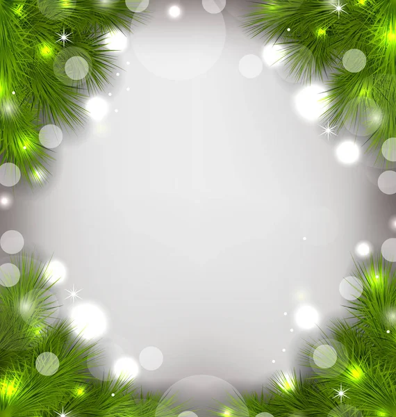 Weihnachten dekorative Bordüre aus Tannenzweigen, leuchtender Hintergrund — Stockfoto