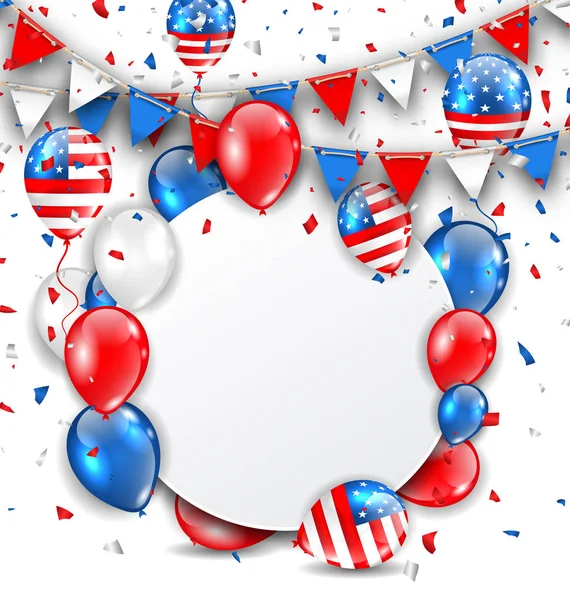 Amerikan tatil, renkli kiraz kuşu, balonlar ve konfeti kutlama kartı — Stok fotoğraf