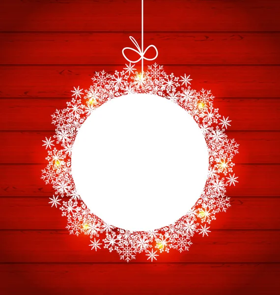 Kırmızı ahşap adam üzerinde kar taneleri yuvarlak çerçeve yapılan Noel