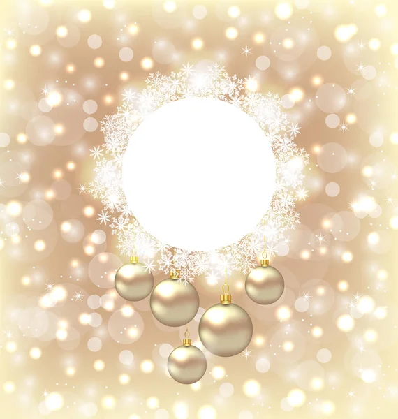 Boże Narodzenie okrągłe ramki wykonane w śniegu i złote kule na bei — Zdjęcie stockowe