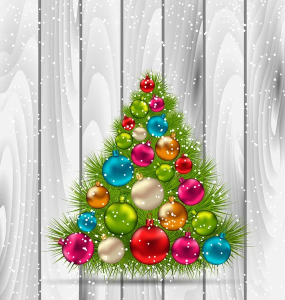 Χριστουγεννιάτικο δέντρο και πολύχρωμες μπάλες σε ξύλινα — Φωτογραφία Αρχείου