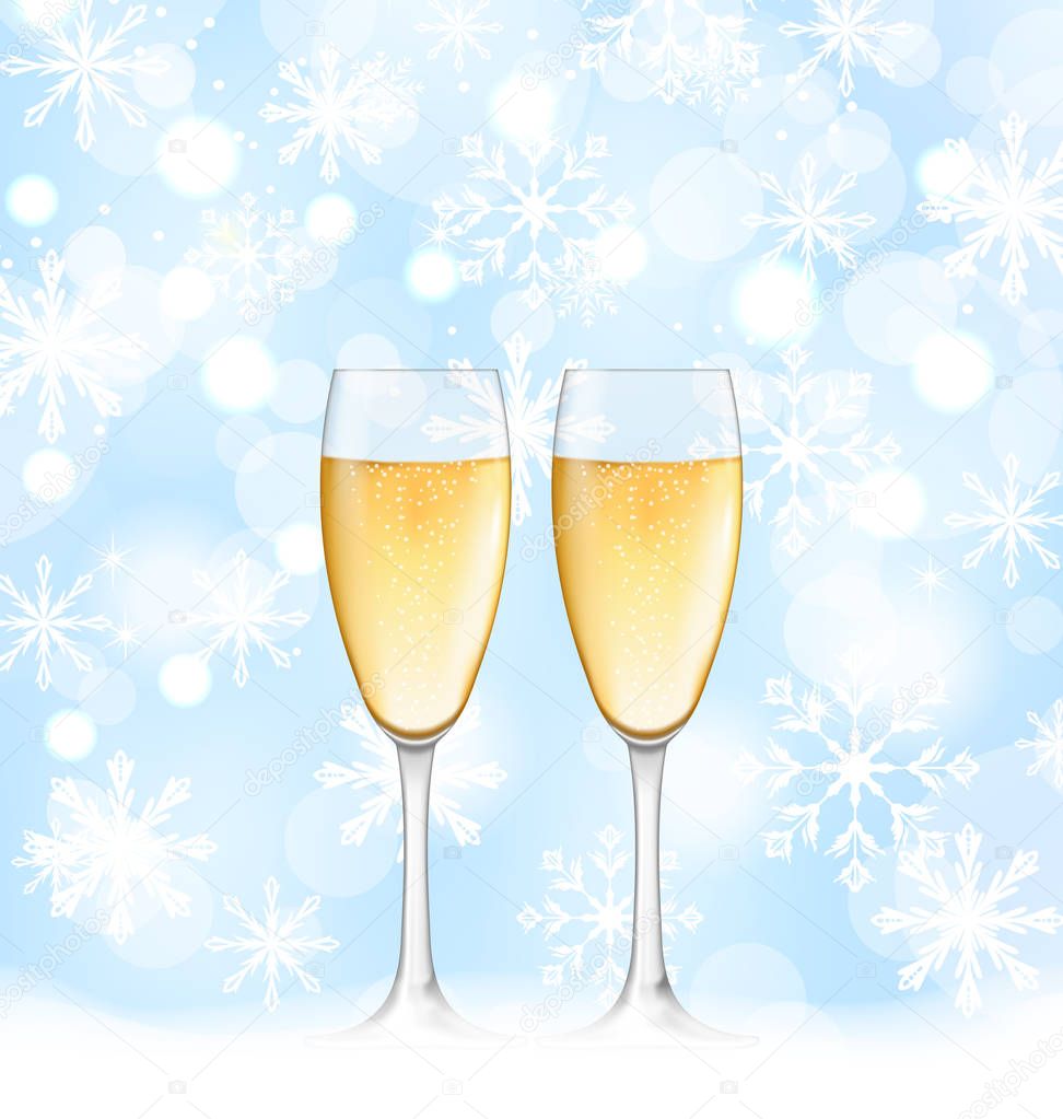 Snowflakes Elegance Background with Glasses of Champagne