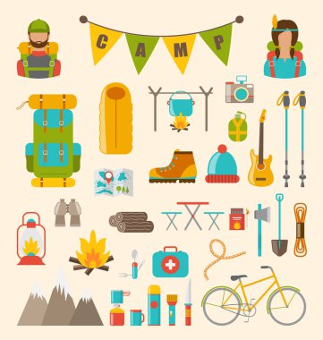 Kamp ve Hiking, cihazları, renkli semboller ve izole simgeler koleksiyonu