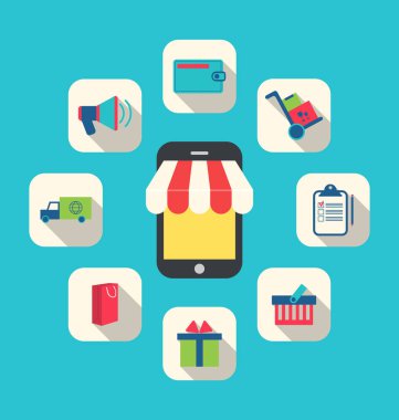 Online alışveriş kavramı, E-ticaret, renkli basit simgeler