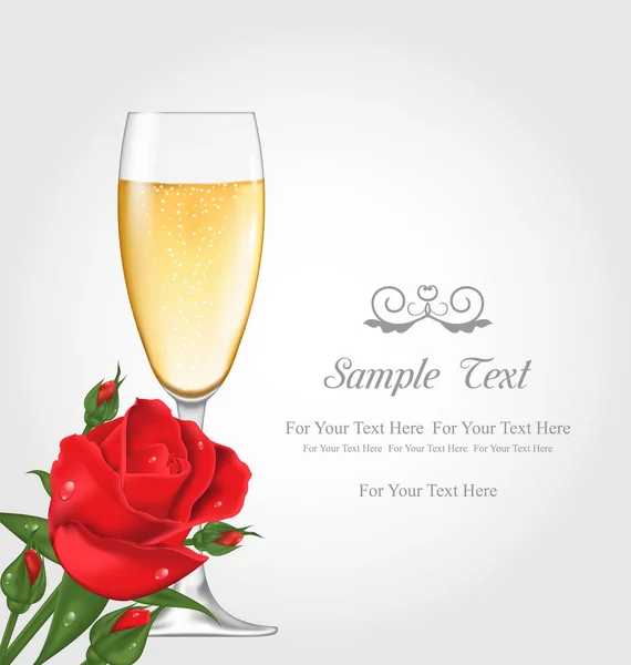 Pocztówka z kieliszek szampana i Rose — Zdjęcie stockowe