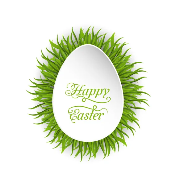 Tarjeta de papel de Pascua feliz en forma de huevo con hierba verde — Foto de Stock