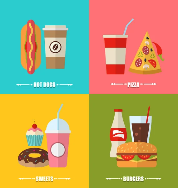 Establecer comida rápida y bebida, iconos simples de colores planos —  Fotos de Stock