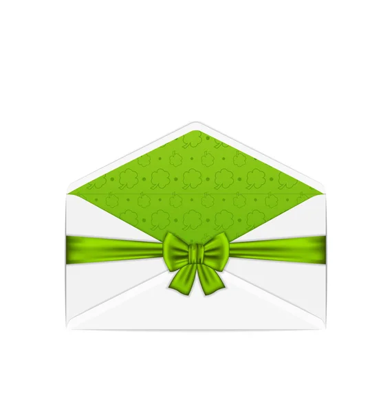 Envelope branco aberto com fita de arco para o dia de St. Patricks, isola — Fotografia de Stock