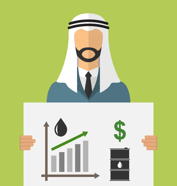 Arabský obchodník drží Banner s grafikou ceny ropy — Stock fotografie
