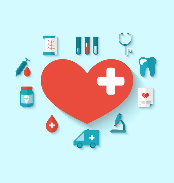 Collection modern flat icons of hearts and medical elements, sim — Stock Photo, Image