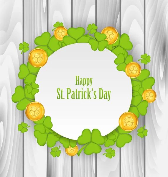 Cartão de saudação com trevos e moedas de ouro para St. Patricks Da — Fotografia de Stock