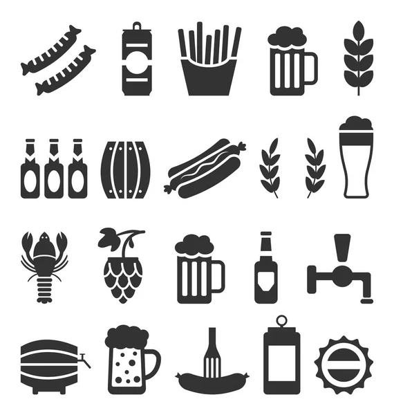 Black Icons of Beer and Snacks Isolated on White Background — Stock Photo, Image