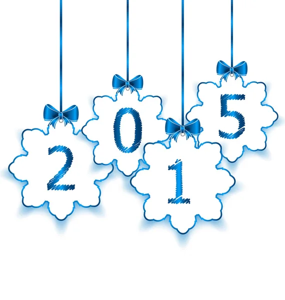 Happy new year in hanging paper snowflakes with bows — Stock Photo, Image