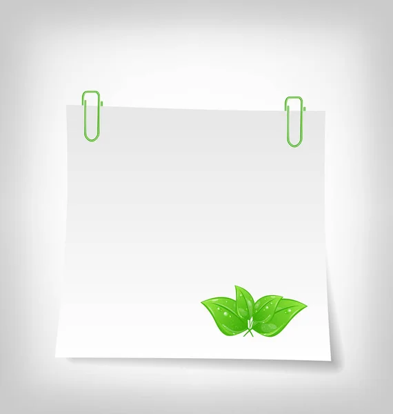 Papel de nota em branco com folhas verdes, isolado sobre fundo branco — Fotografia de Stock