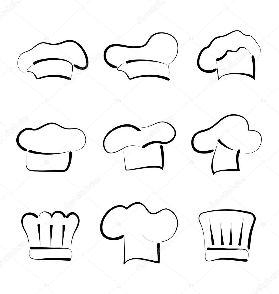 Set of chef hats isolated on white background, sketch style