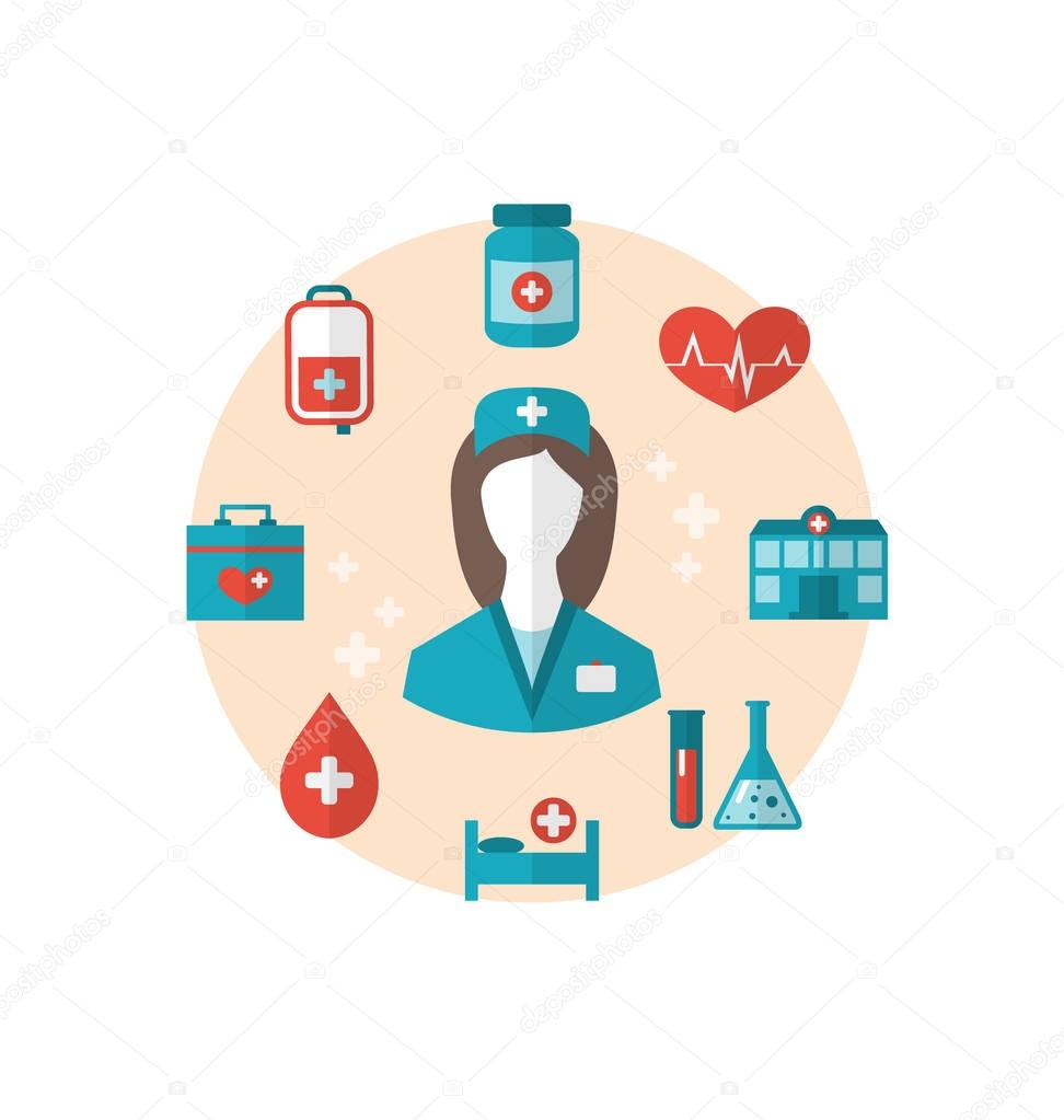 Nurse with medical icons for web design, modern flat style