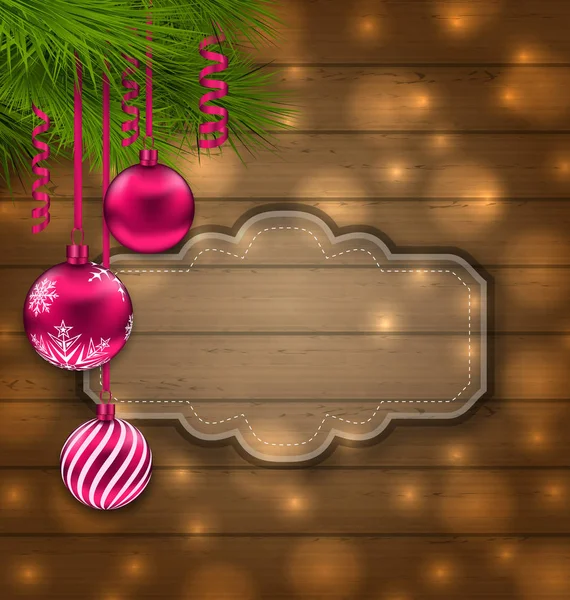 Jul etikett med bollar och Fir kvistar — Stockfoto