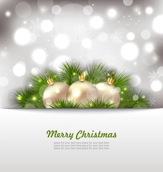 Fröhliche Weihnachtskarte mit Tannenzweigen und goldenen Kugeln — Stockfoto