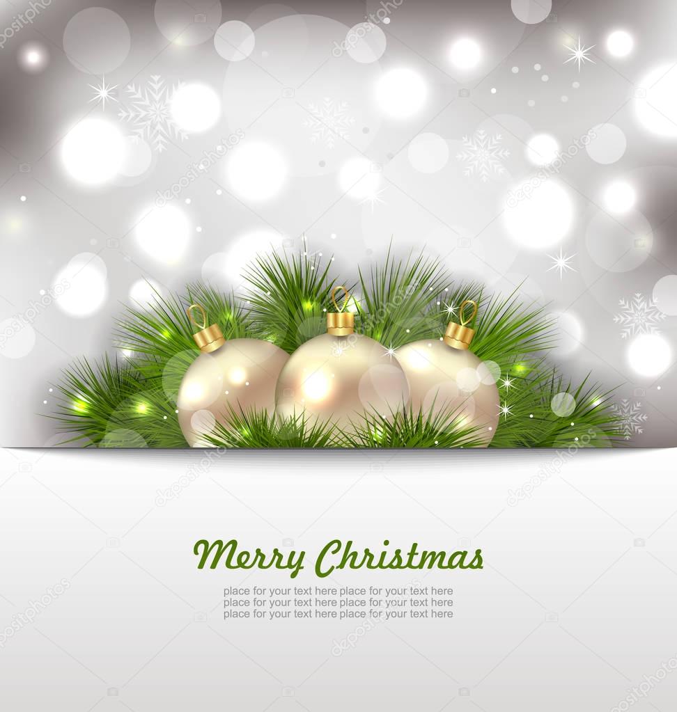 Merry Christmas Card with Fir Twigs and Golden Balls