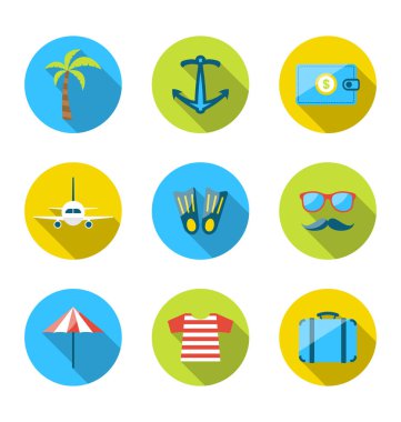 Seyahat, turizm ve yolculuk nesneleri, modern düz Icons set