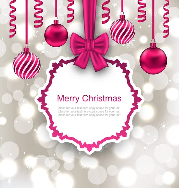 Tarjeta de papel de felicitación con cinta de lazo y bolas de Navidad —  Fotos de Stock