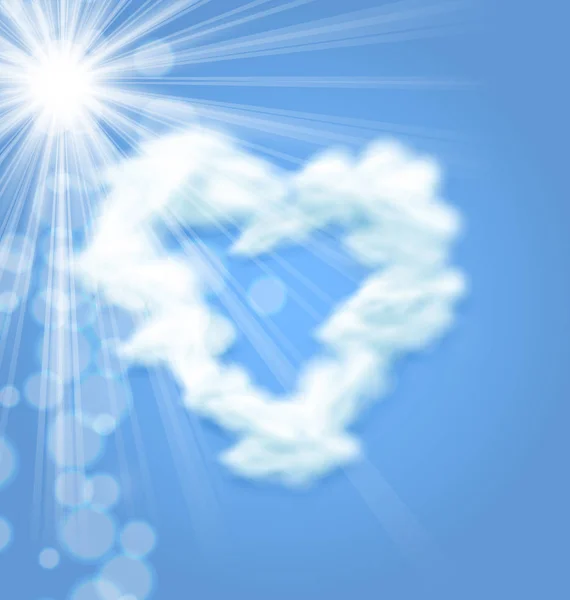 Heart shaped cloud in the blue sky with sun after it. Valentine s day illustration — Stock Photo, Image