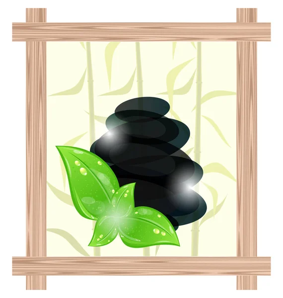 Wooden frame with cairn stones and eco green leaves