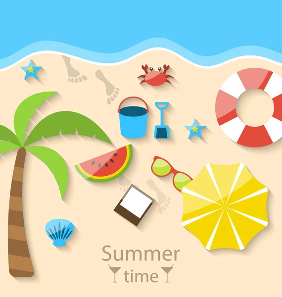 Summer time with flat set colorful simple icons on the beach — Stock Photo, Image