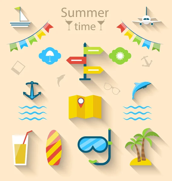 Flat colorful set icons of travel on holiday journey, tourism ob — Stock Photo, Image