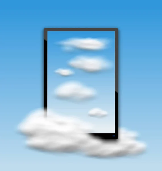 Computador preto do PC da tabuleta com nuvens e céu azul — Fotografia de Stock