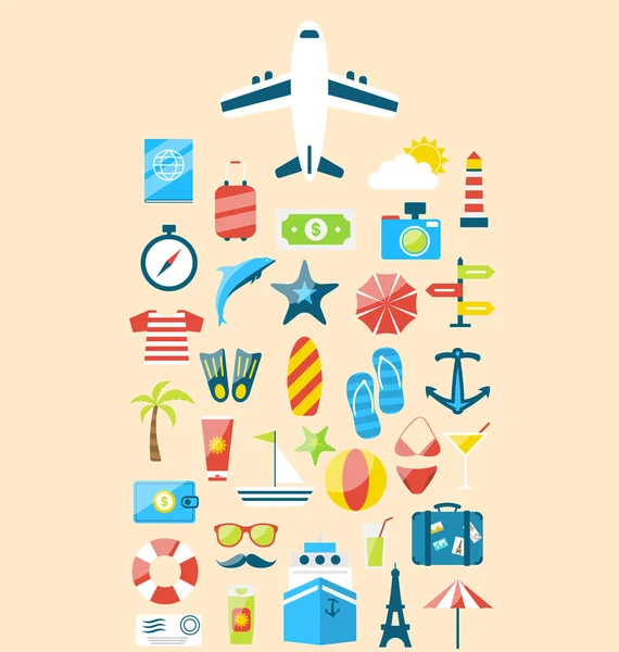 Düz modern tasarım simgeler seyahat tatil, kurulmasını bir yolculuğa