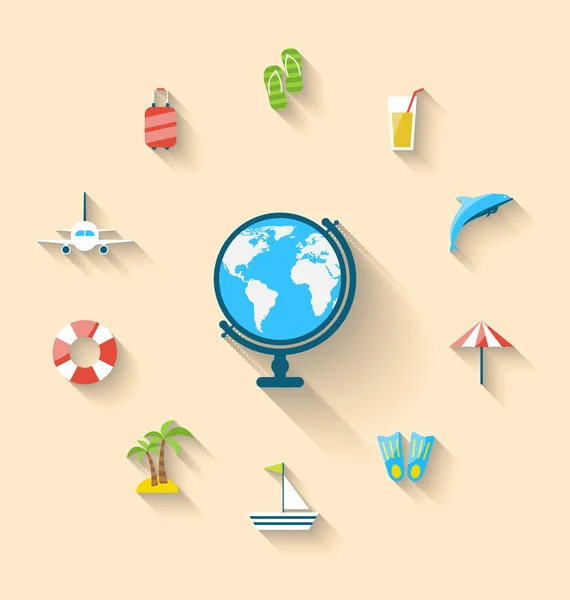 Flat set icons tourism objects and equipment with globe, long sh — Stock Photo, Image