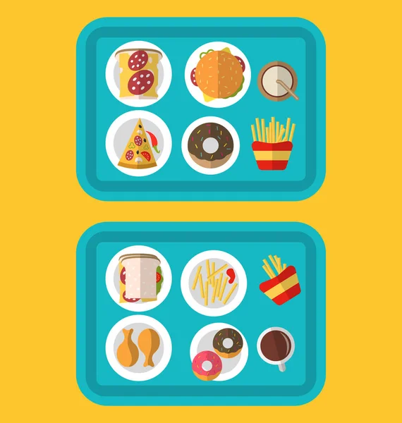 Illustratie van een fast-food maaltijd bestaande uit een hamburger, frisdrank en Franse frietjes, alle rust op een kunststof dienblad. — Stockfoto