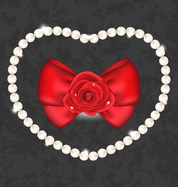 Red rose with bow and pearls for Valentine Day