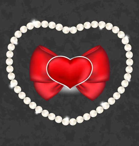 Corazón rojo con arco y perlas para San Valentín —  Fotos de Stock