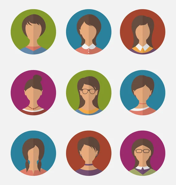 Set colorful female faces circle icons, trendy flat style — Stock Photo, Image