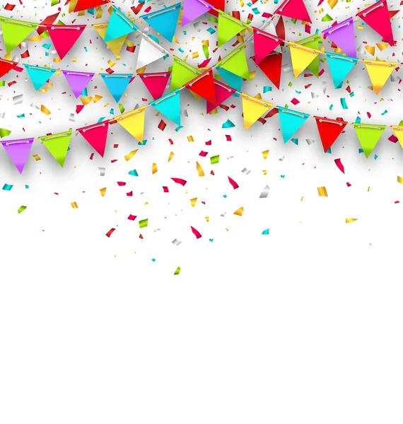Kleurrijke achtergrond met hangende Bunting en Confetti voor uw feest — Stockfoto
