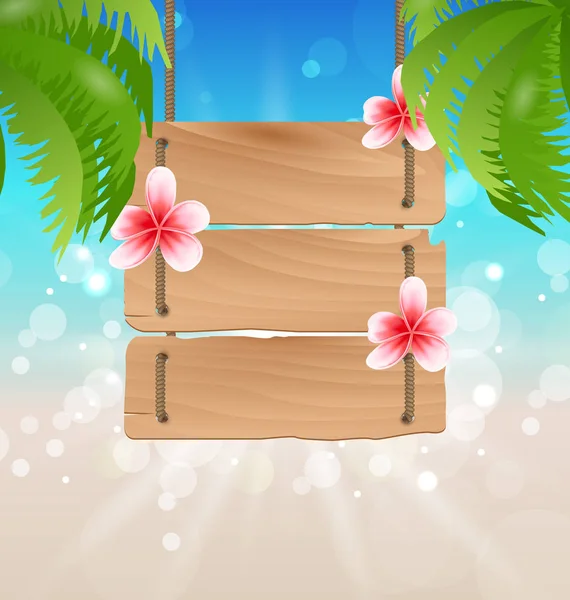 Visí dřevěný rozcestník s exotickými květy keře a palmy — Stock fotografie